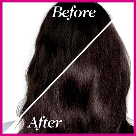 Before and after comparison of dark brown to black wavy hair, with the word 'Before' over the frizzy section and 'After' over a smoother, shinier section, framed by a pink border.