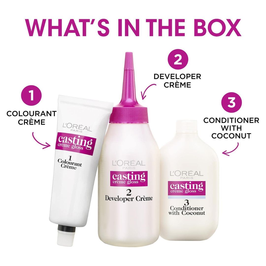 L'Oreal hair color products with labels indicating contents on a white background