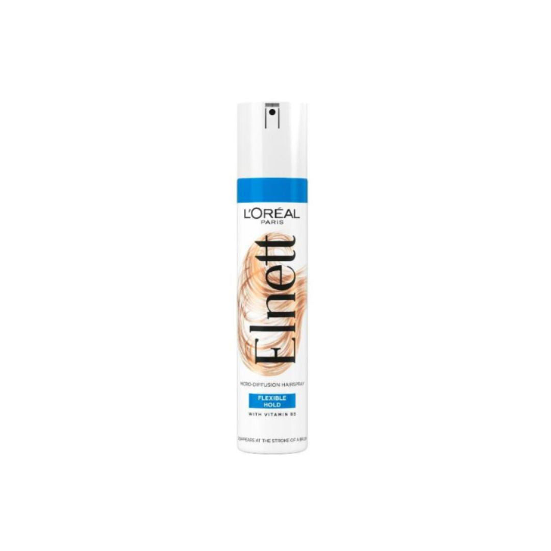 L'Oréal Paris Elnett Platinum Hair Smoother in a white cylindrical spray bottle with blue accents and a hair swatch graphic, shown on a plain white background.