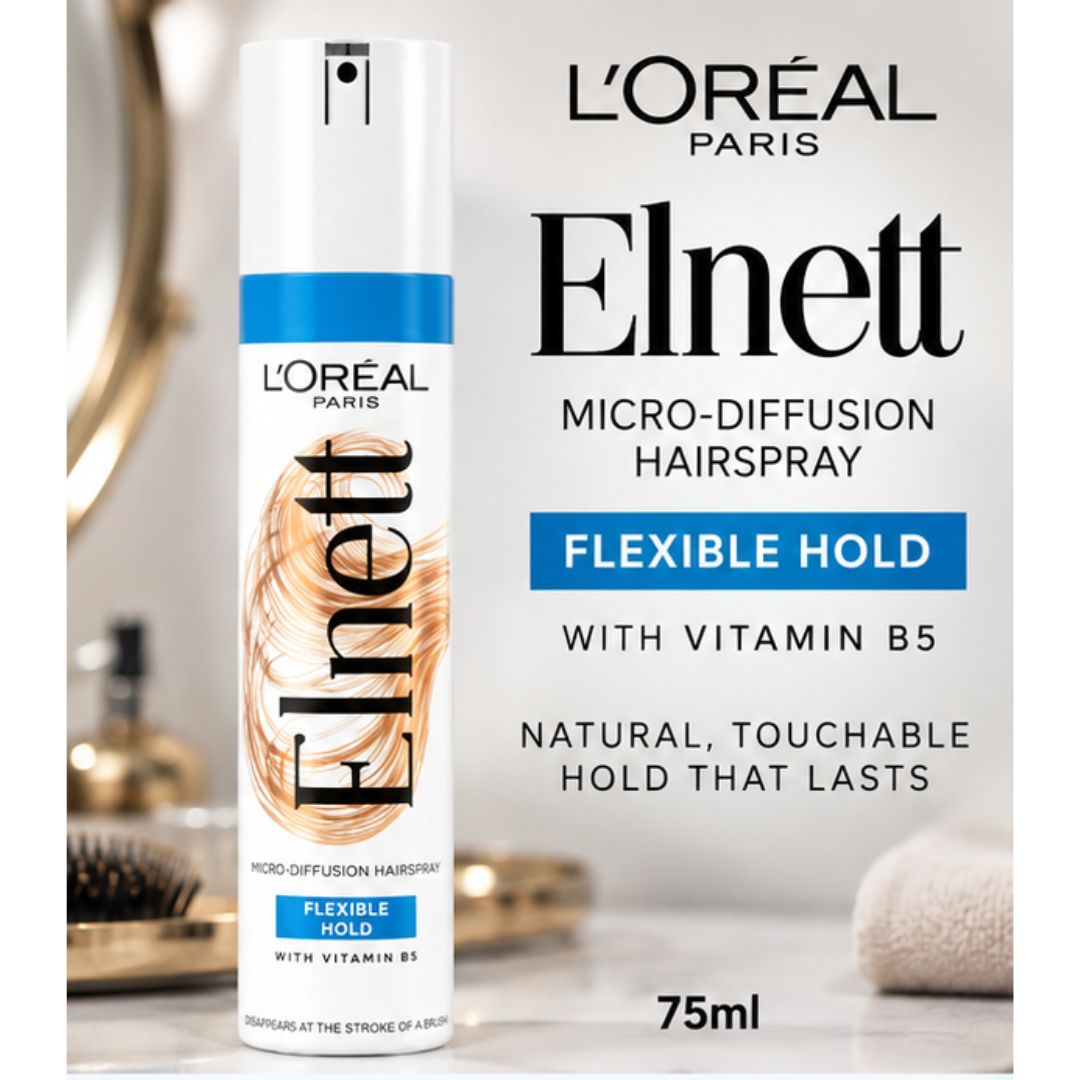 L'Oréal Paris Elnett Micro-Diffusion Hairspray 75ml can, shown next to its product packaging on a light gray background with a blurred bathroom setting.