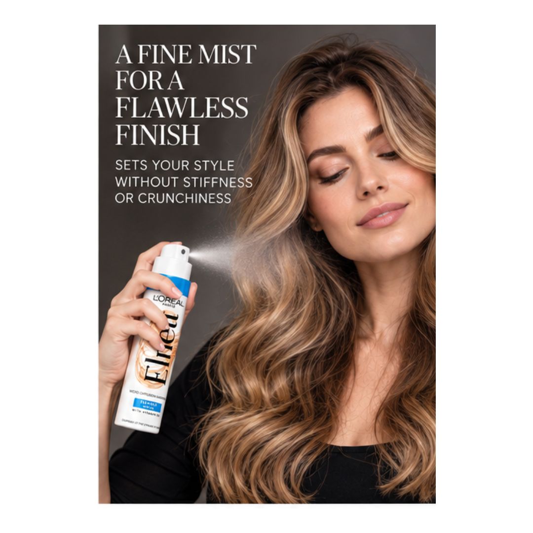 A woman with long wavy blonde hair holds a can of Elnett hairspray in front of her face, spraying a fine mist. The background is a solid dark gray, with promotional text on the left side.