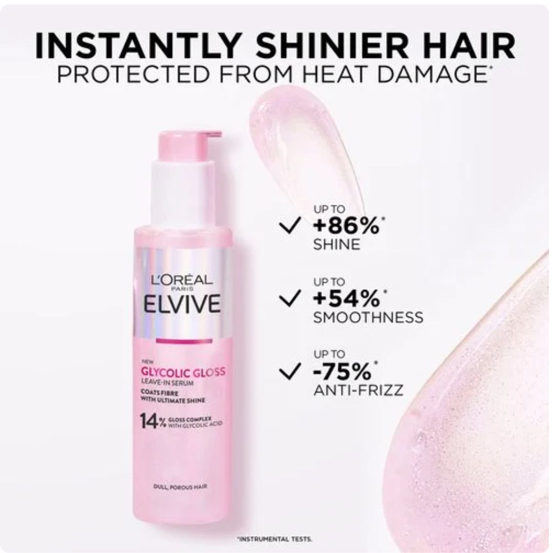 L'Oréal Paris Elvive Shine Infusing Leave-In Serum bottle in pink, shown with promotional text and a pink hair shine swatch on a white background.