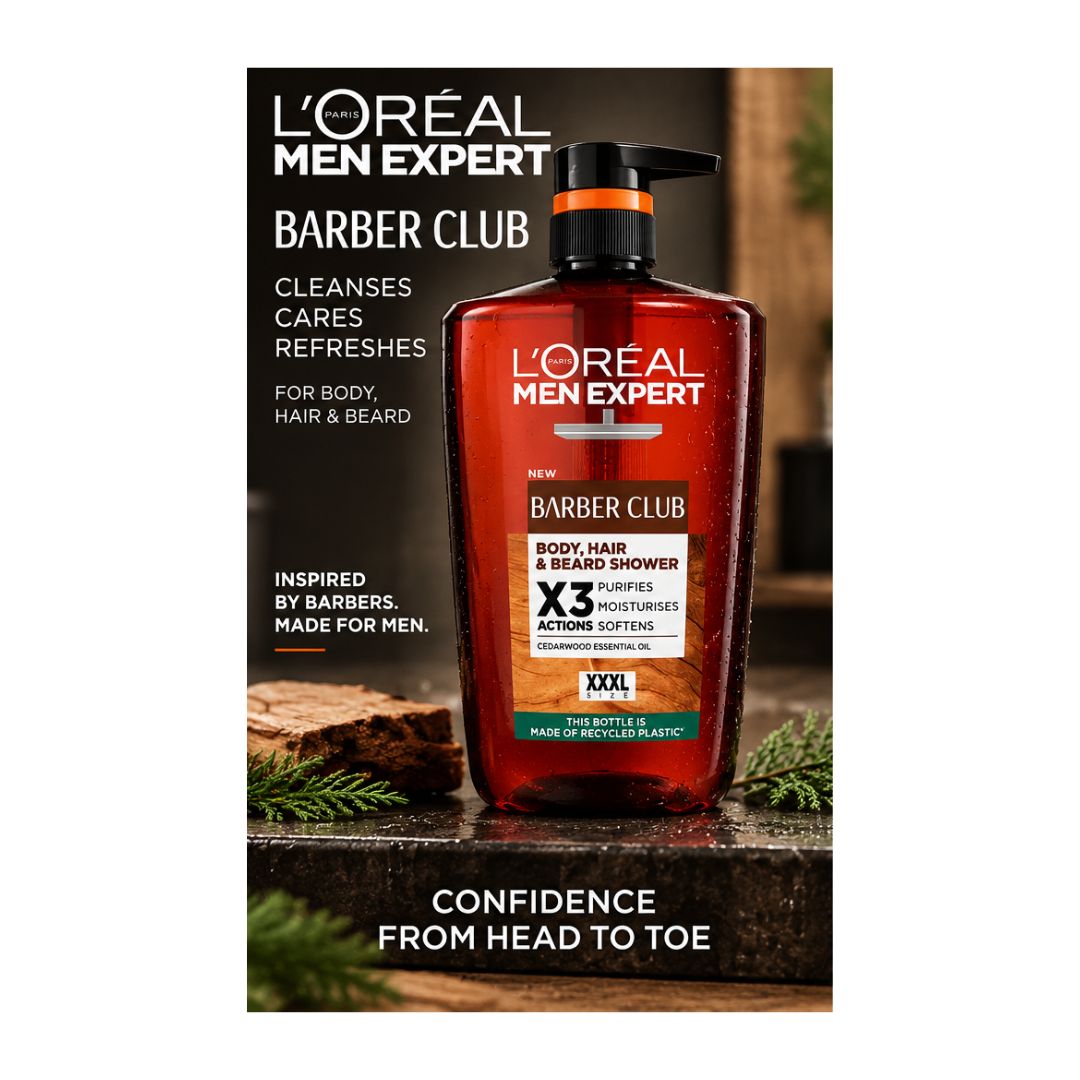 L'Oréal Men Expert Barber Club 3-in-1 XXL promotional graphic with the container on a marble countertop