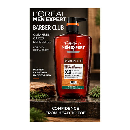L'Oréal Men Expert Barber Club 3-in-1 XXL promotional graphic with the container on a marble countertop