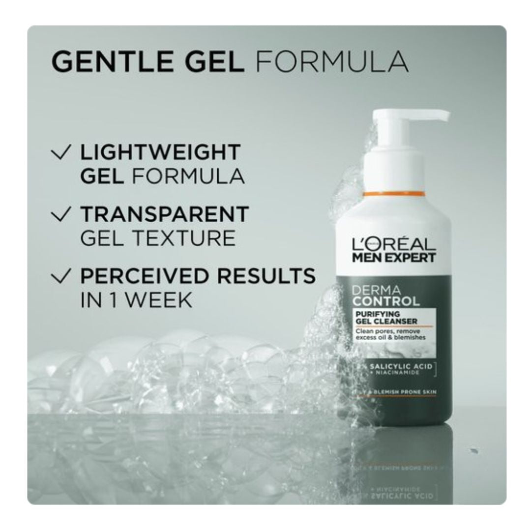 L'Oréal Men Expert Derma Control Purifying Gel Cleanser 'GENTLE GEL FORMULA' graphic on a grey background