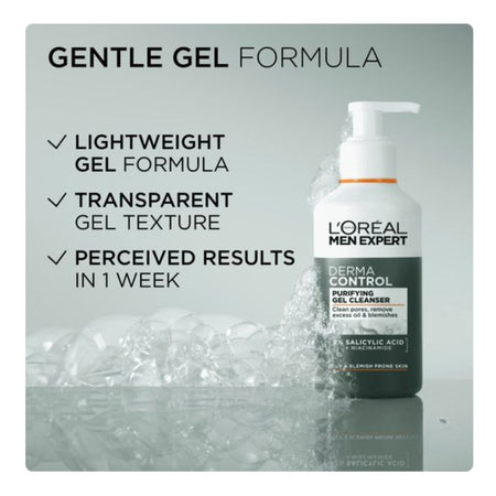 L'Oréal Men Expert Derma Control Purifying Gel Cleanser 'GENTLE GEL FORMULA' graphic on a grey background