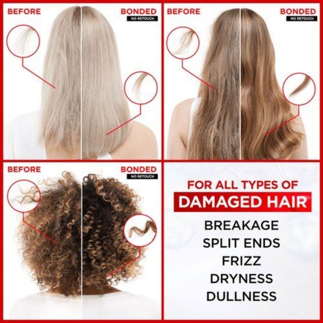 Before and after comparison of hair treatment on different hair types with text highlighting benefits.