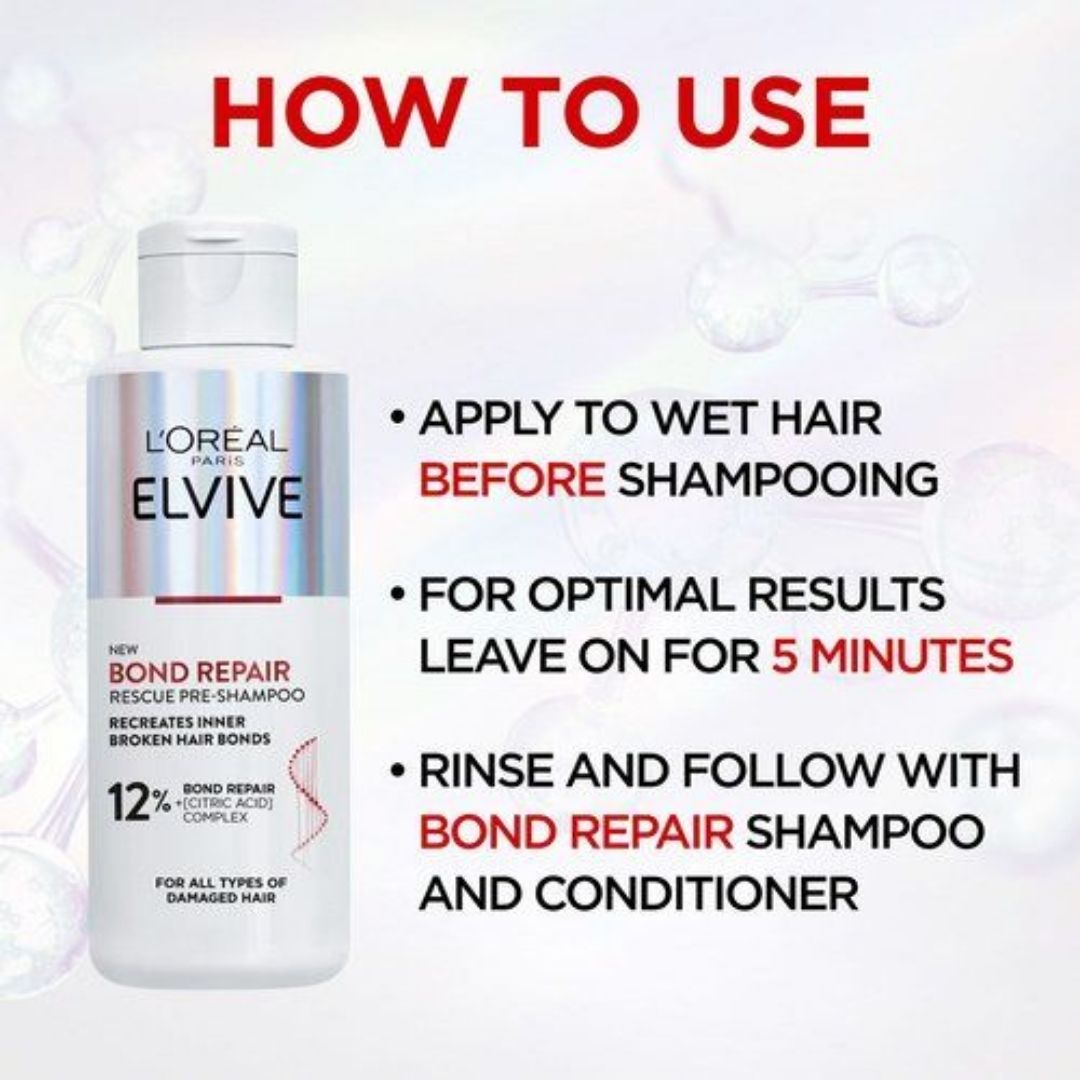 Instruction graphic for L'Oréal Paris L'Elvive Bond Repair shampoo showing a bottle on the left and a bulleted 'HOW TO USE' guide on the right with red and black text on a white background.
