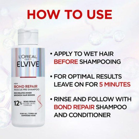 Instruction graphic for L'Oréal Paris L'Elvive Bond Repair shampoo showing a bottle on the left and a bulleted 'HOW TO USE' guide on the right with red and black text on a white background.
