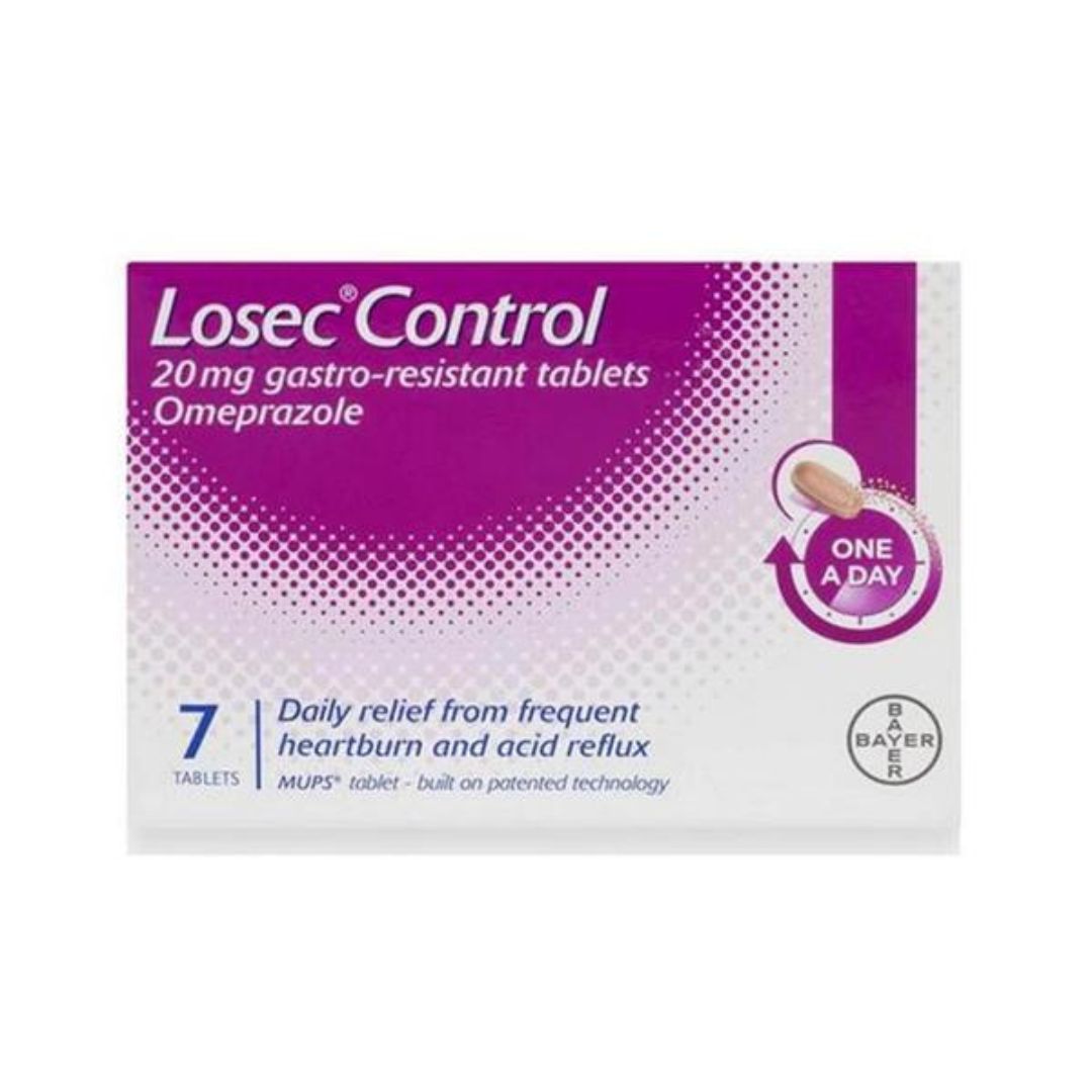 Box of Losec Control gastro-resistant tablets on a white background