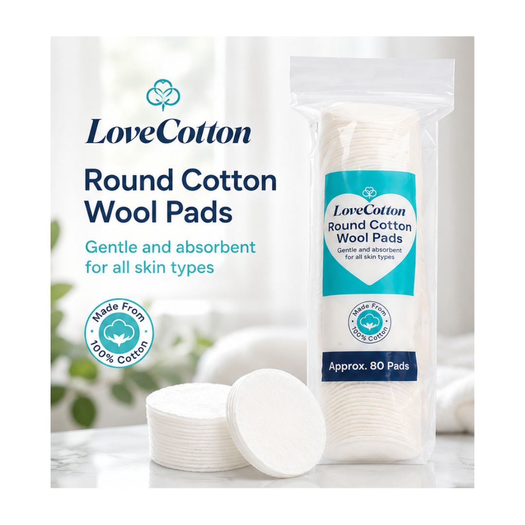Love Cotton Round Cotton Wool Pads packaging on a countertop background