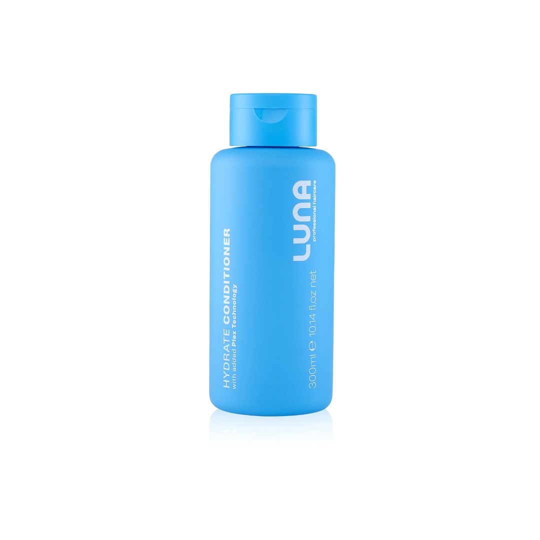 A 300ml bottle of LUNA Hydrate Conditioner in a vibrant blue color, featuring white text and a matching blue flip-top cap, set against a plain white background with a subtle reflection.