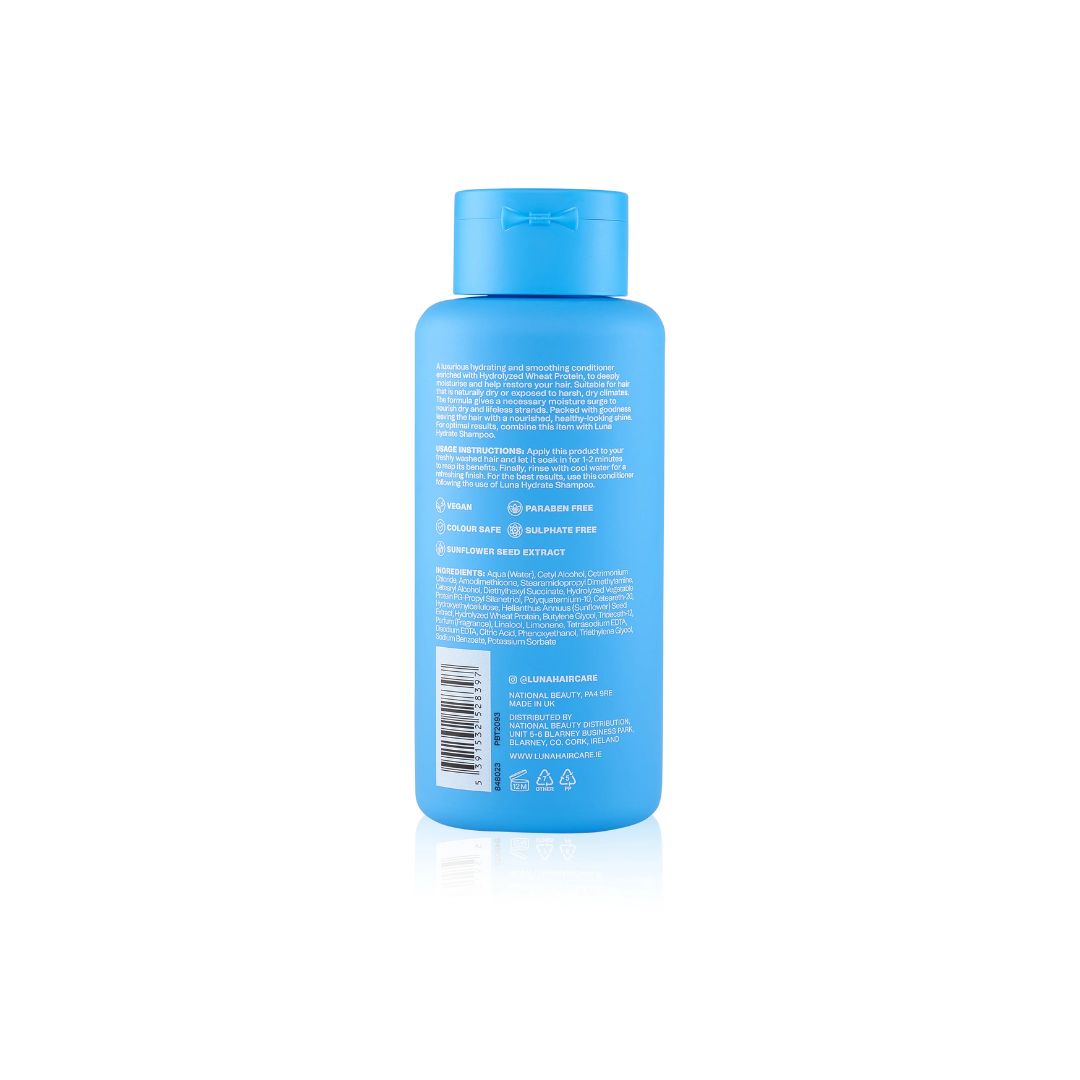 The back of a light blue plastic bottle with white text and a barcode, set against a plain white background with a soft reflection underneath.