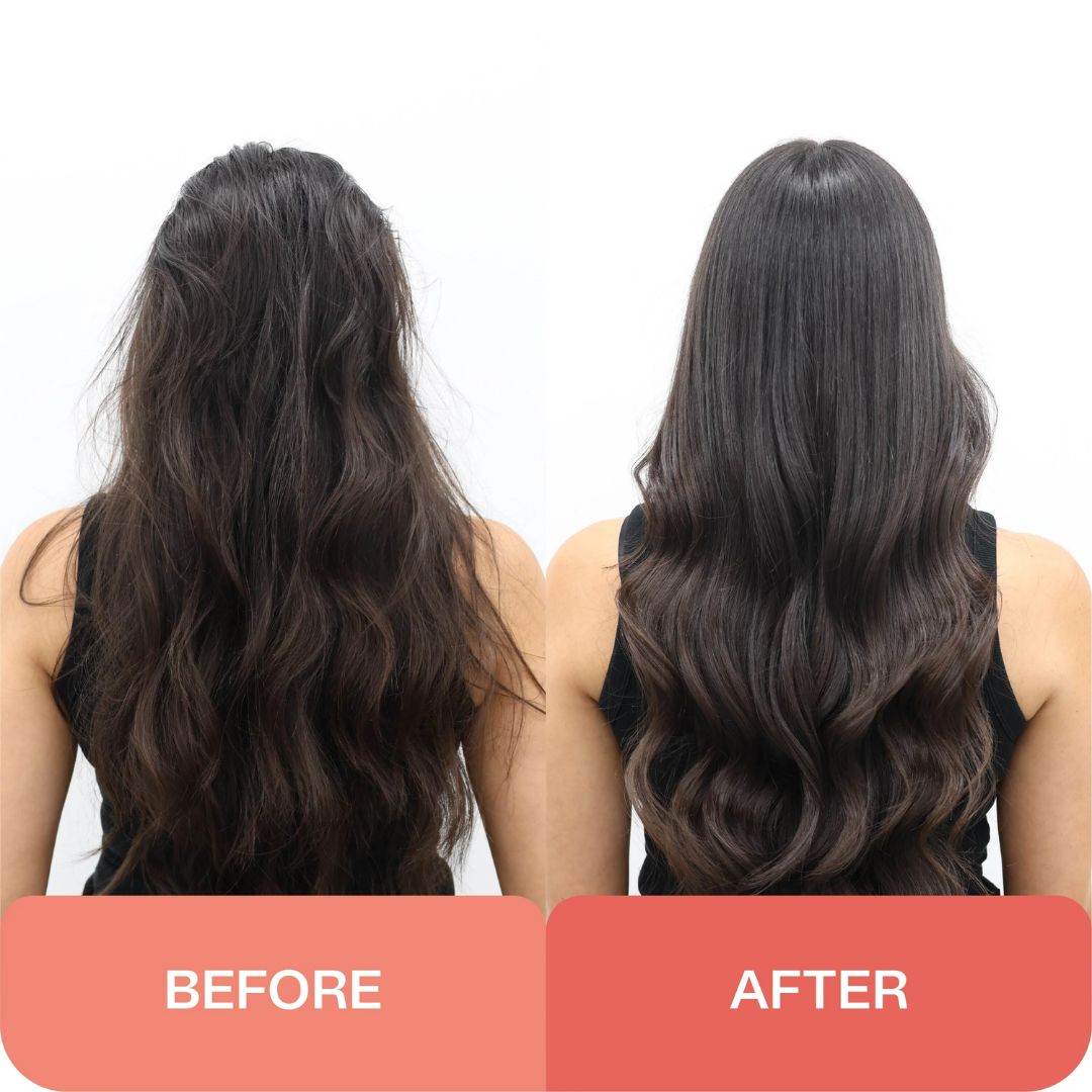 Before and after comparison of a woman's long, wavy dark brown hair, showing the natural look on the left and the smoother, straightened result on the right, with 'BEFORE' and 'AFTER' labels at the bottom.