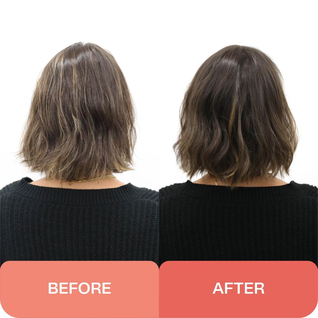 Before and after comparison of a woman's short brown hair from the back, showing a straightened, smoother look on the right labeled 'AFTER' against a white background.