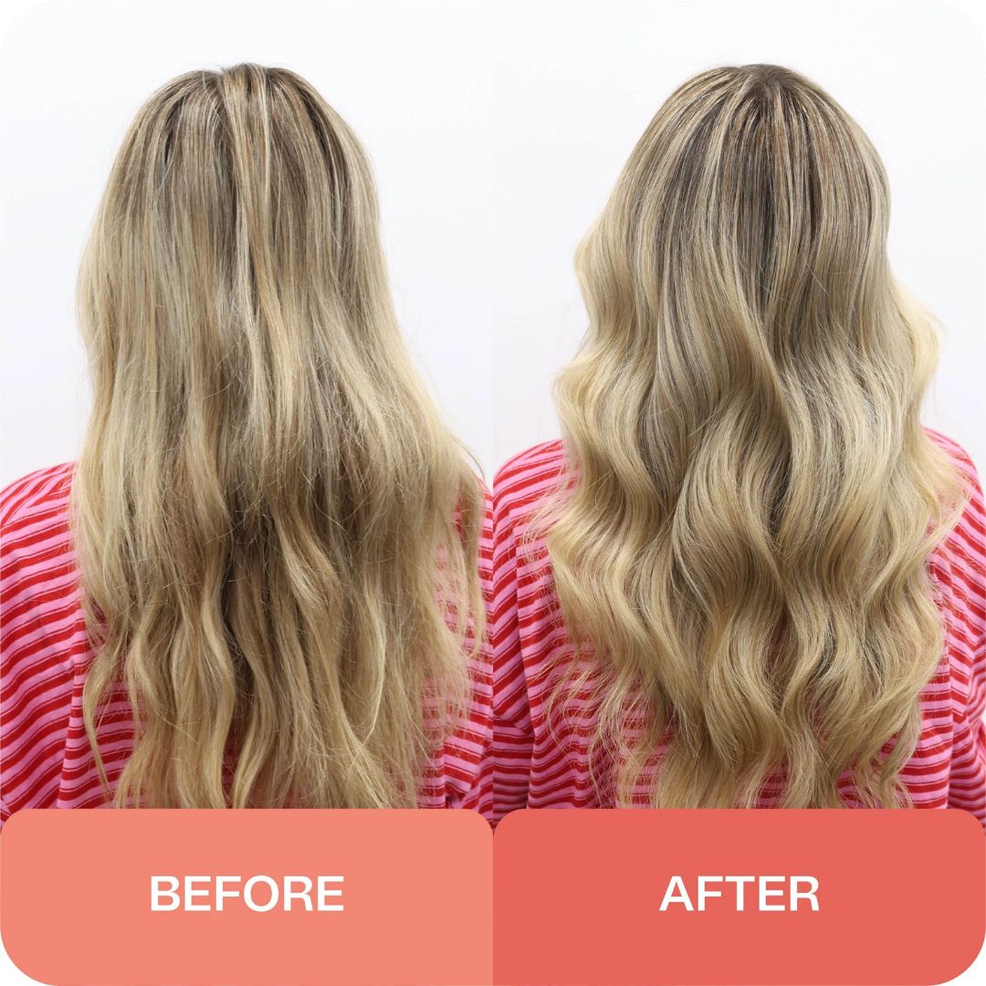 Before and after comparison of a woman's long blonde hair, showing frizzy, straight hair on the left labeled 'BEFORE' and smoother, wavy hair on the right labeled 'AFTER'. The woman is wearing a pink and white striped shirt against a plain white background.