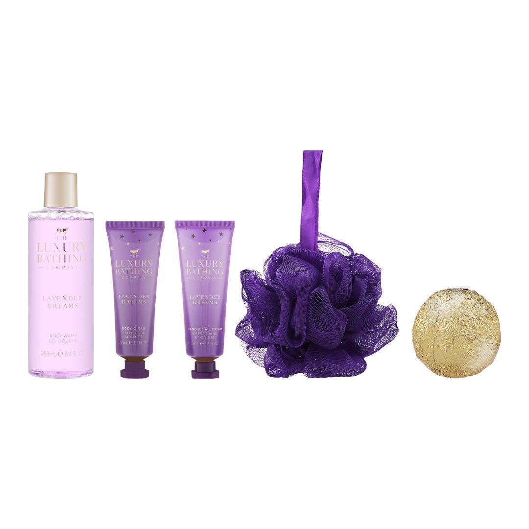 The Luxury Bathing Company Lavender Luxury Bathing Giftset components on a white background