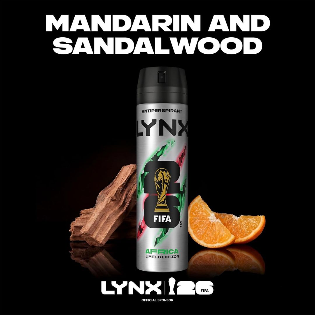 Lynx Africa Limited Edition Anti-Perspirant XL on a black background with sandalwood and mandarin