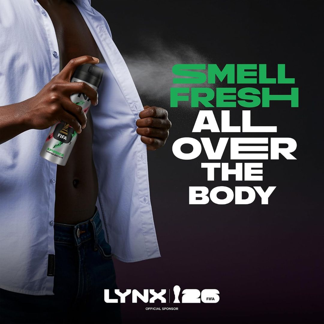 Lynx Africa Limited Edition Anti-Perspirant 'SMELL FRESH ALL OVER THE BODY' on a dark background