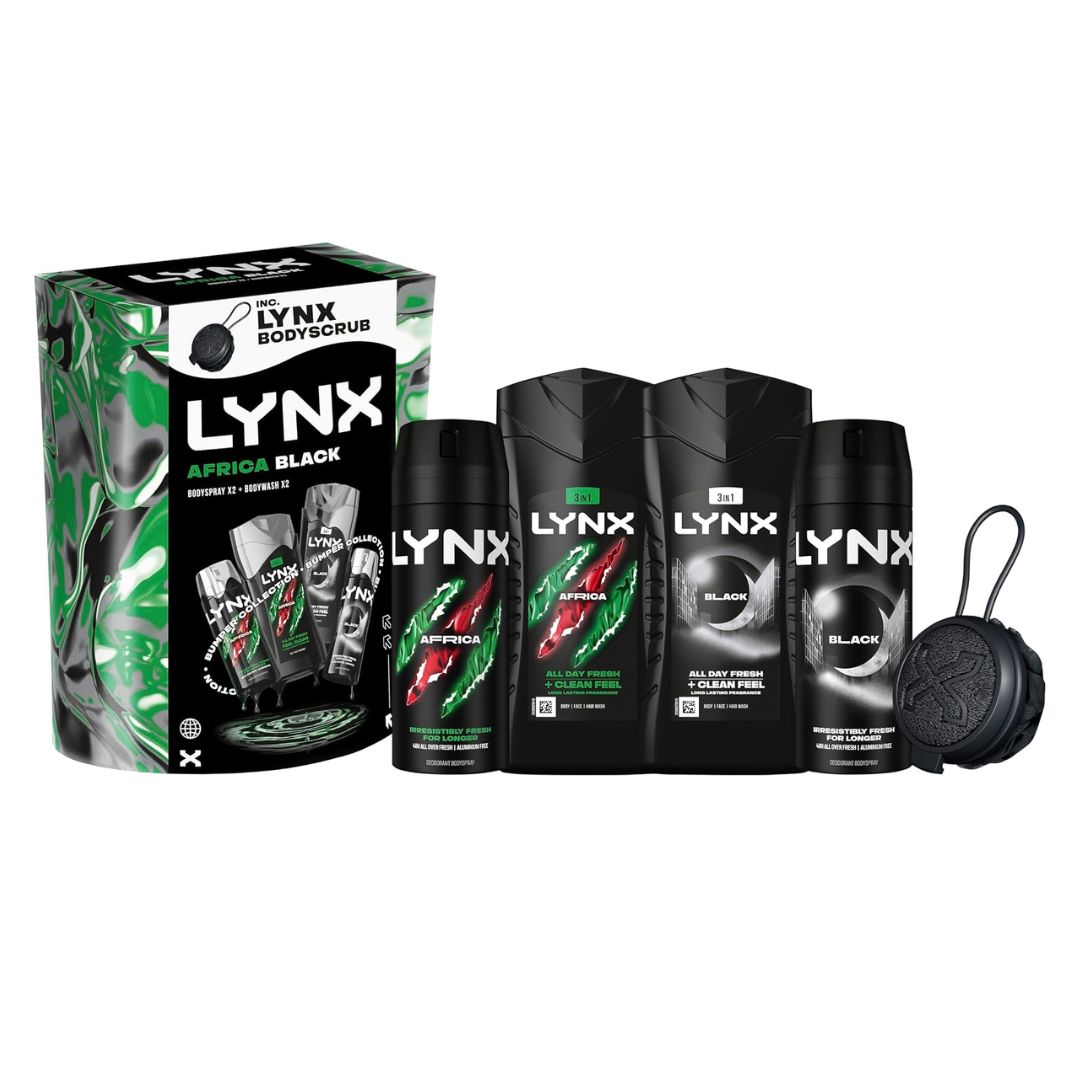 Lynx Africa & Black Collection With Shower Tool Giftset and contents on a white background