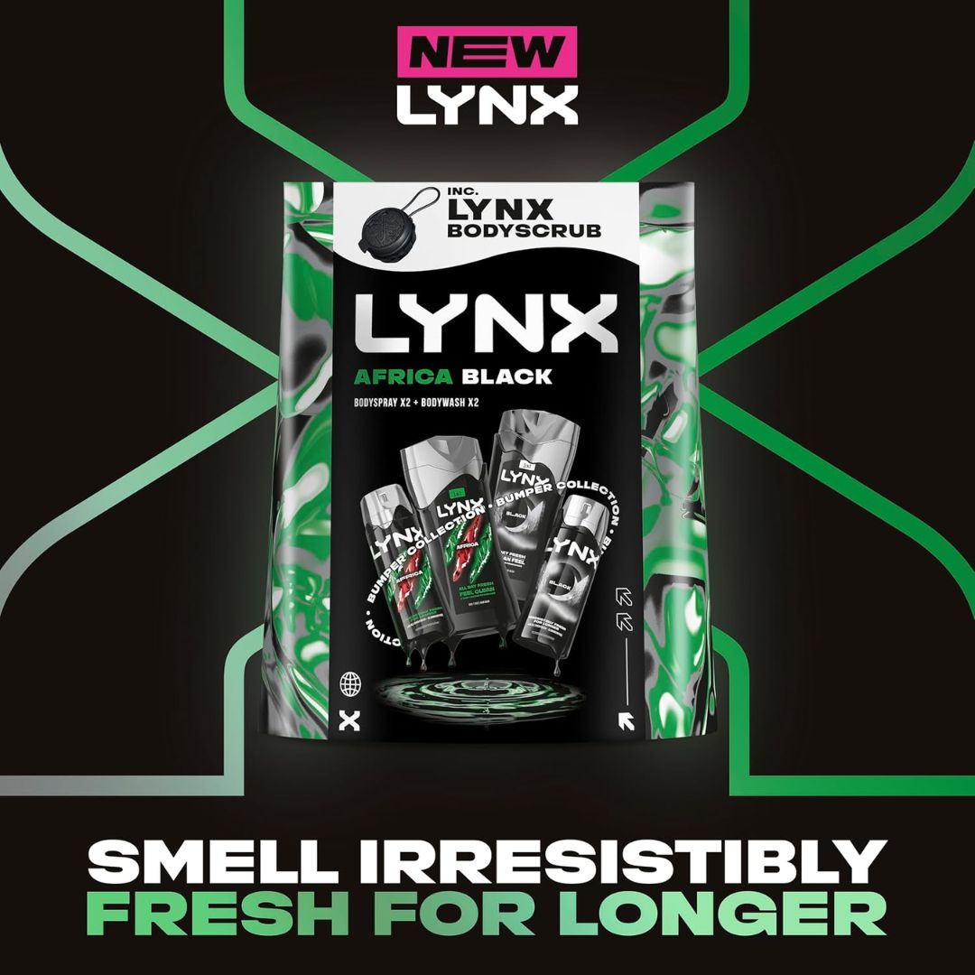 Lynx Africa & Black Collection With Shower Tool Giftset on a black background with the caption 'SMELL IRRESISTIBLY FRESH FOR LONGER'