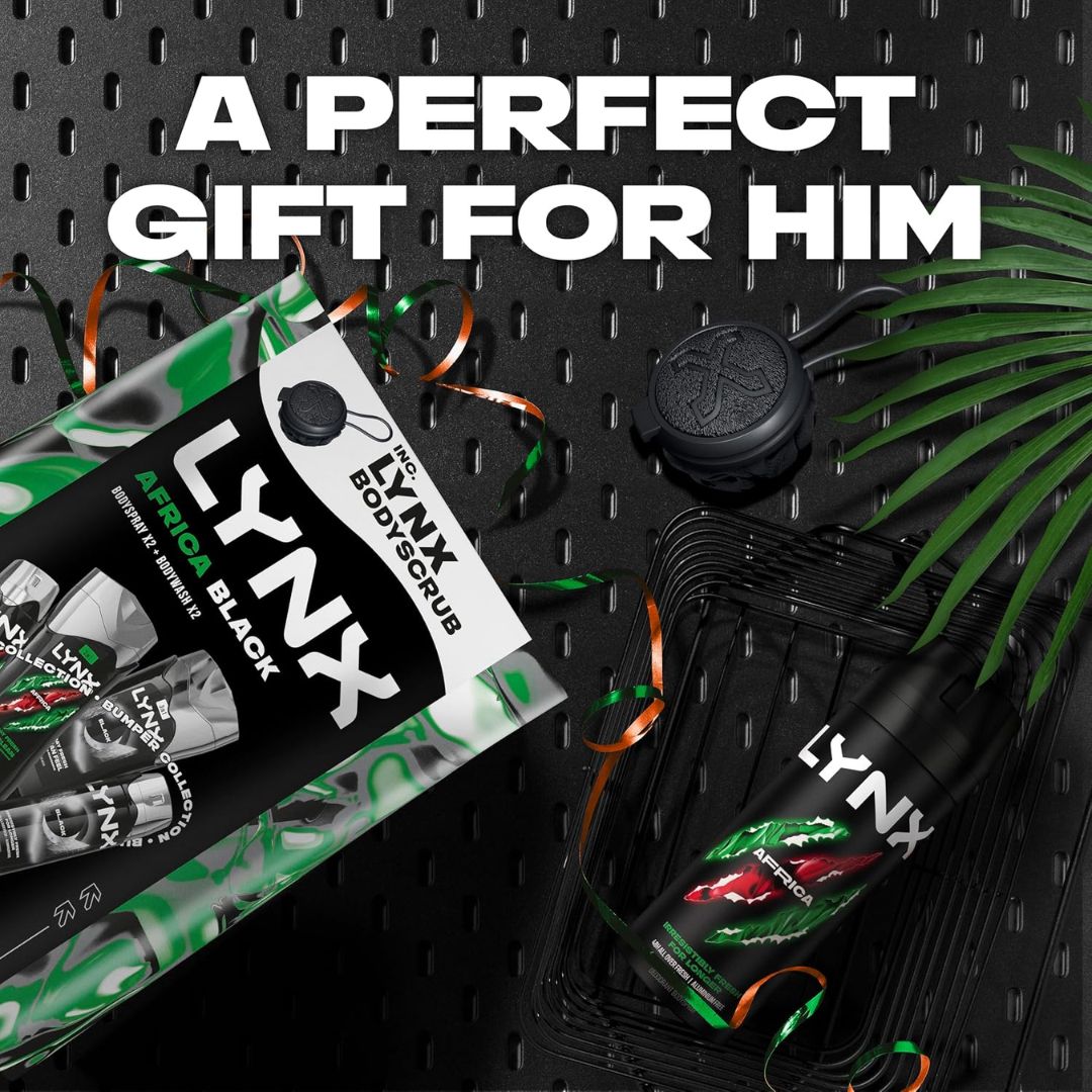 Lynx Africa & Black Collection With Shower Tool Giftset on a black background with the caption 'A PERFECT GIFT FOR HIM'