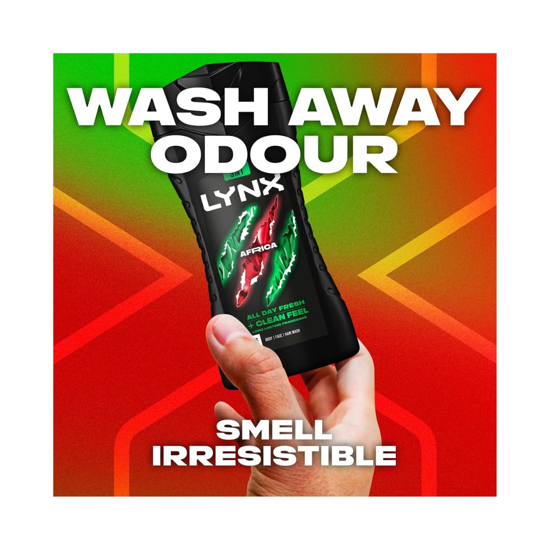 Lynx Africa 3-in-1 Body Wash 225ml on a red gradient background with the caption 'WASH AWAY ODOUR' 