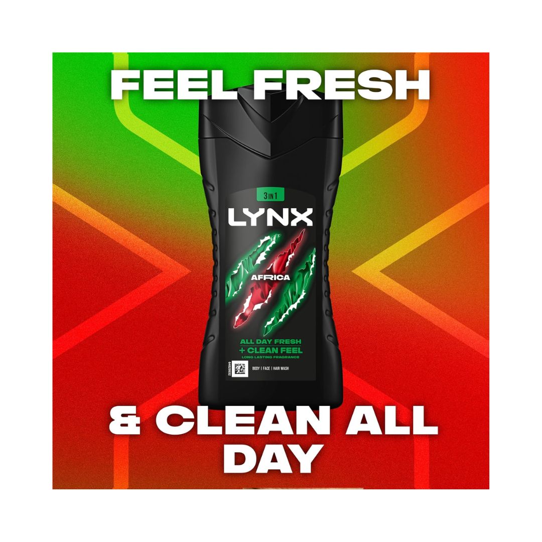 Lynx Africa 3-in-1 Body Wash 225ml on a red gradient background with the caption 'FEEL FRESH' 