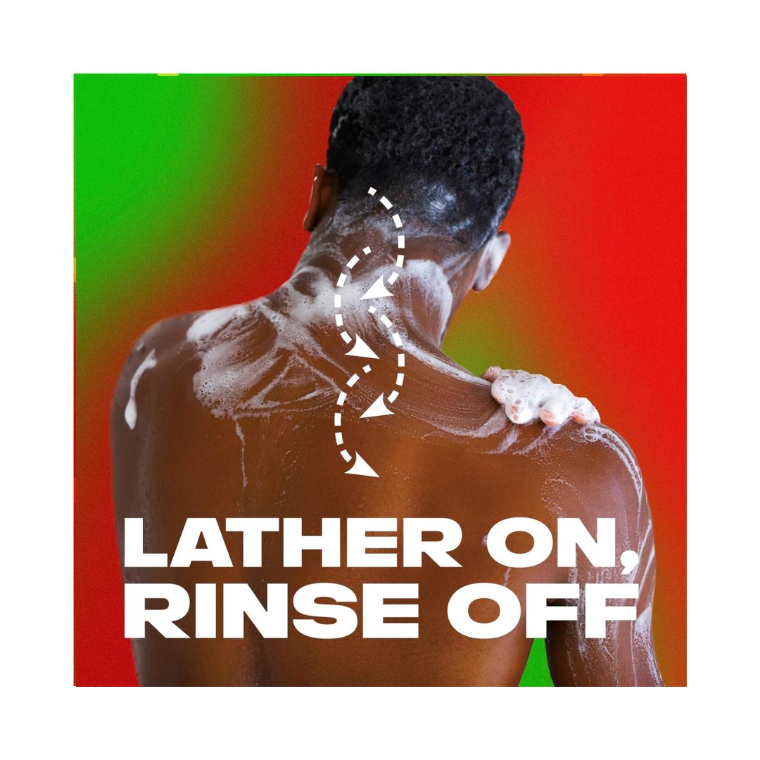 Lynx Africa 3-in-1 Body Wash promotional image of a man washing himself on a red gradient background with the caption 'LATHER ON, RINSE OFF'