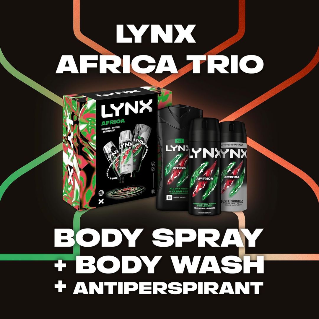 Lynx Africa Trio Giftset and contents on a black,red and grey background