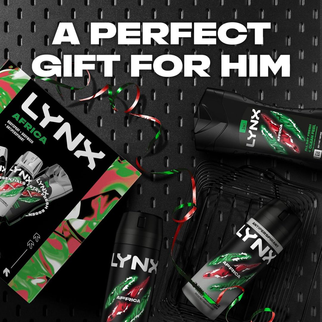 Lynx Africa Trio Giftset 'A PERFECT GIFT FOR HIM' set on a black background
