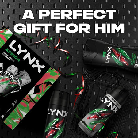 Lynx Africa Trio Giftset 'A PERFECT GIFT FOR HIM' set on a black background