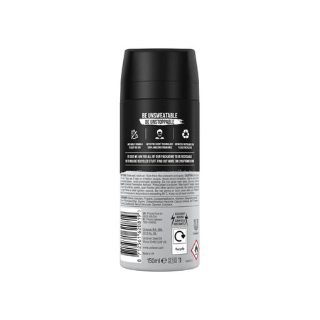 A 150ml can of Be Sweatable Deodorant spray shown from the back, featuring a black cap and a white and black label with various text and icons.