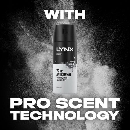 Lynx Black deodorant spray with text about pro scent technology on a black background