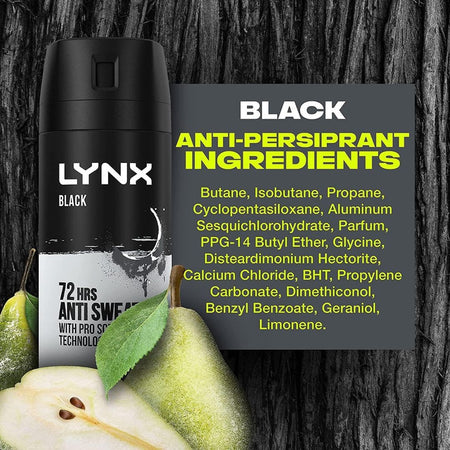 Lynx Black anti-perspirant deodorant with ingredient list on a textured background