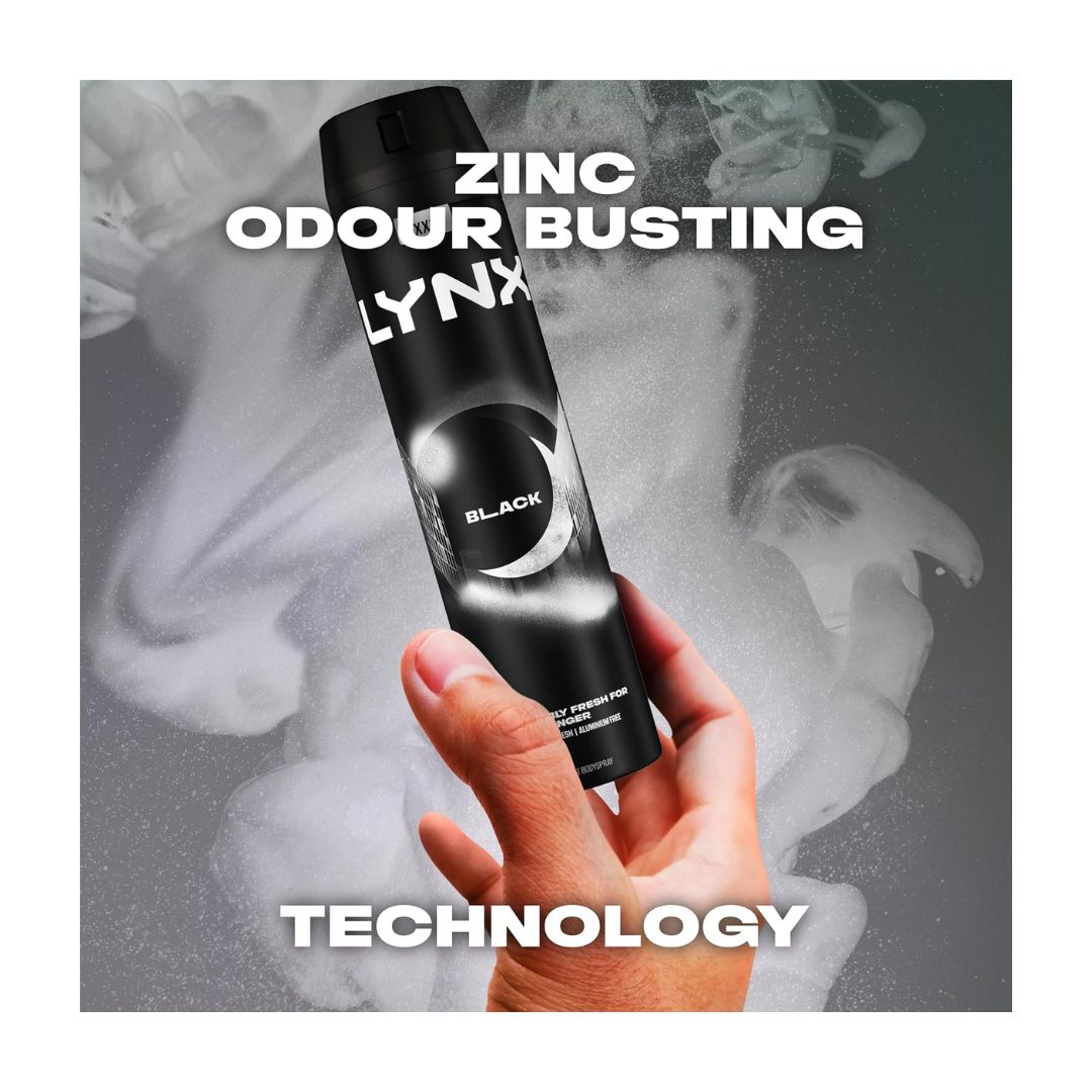 Lynx Black Deodorant Body Spray XXL 250ml 'ZINC ODOUR BUSTING' on a grey smoky background