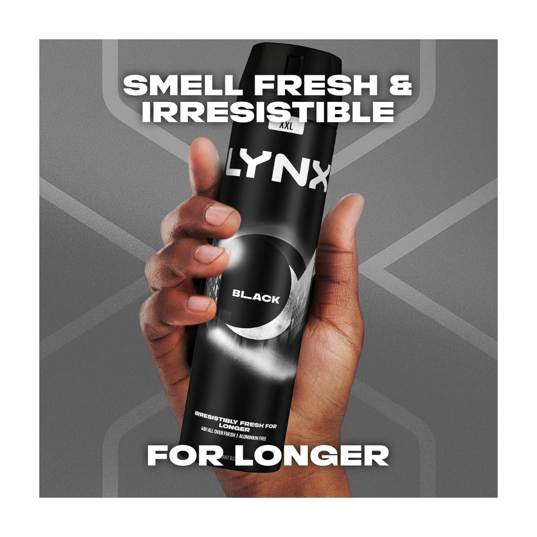 Lynx Black Deodorant Body Spray XXL 250ml on a grey background with the caption 'SMELL FRESH & IRRESISTIBLE' caption