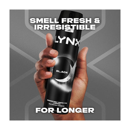 Lynx Black Deodorant Body Spray XXL 250ml on a grey background with the caption 'SMELL FRESH & IRRESISTIBLE' caption
