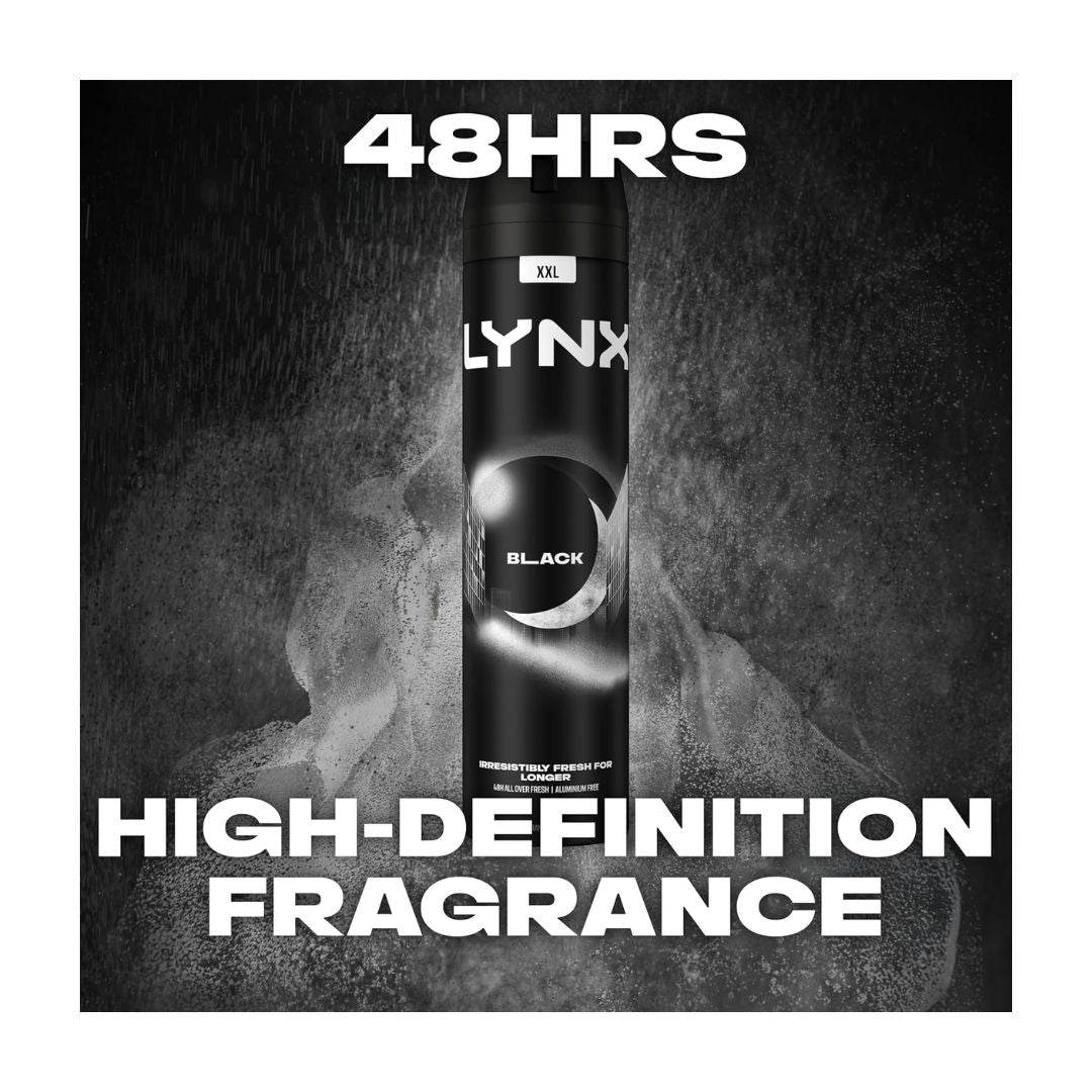 Lynx Black Deodorant Body Spray XXL 250ml on a charcoal background with the caption '48HRS HIGH-DEFINITION FRAGRANCE' 