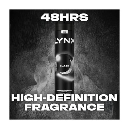 Lynx Black Deodorant Body Spray XXL 250ml on a charcoal background with the caption '48HRS HIGH-DEFINITION FRAGRANCE' 