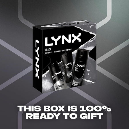 Lynx Black Trio Giftset on a smoky grey background