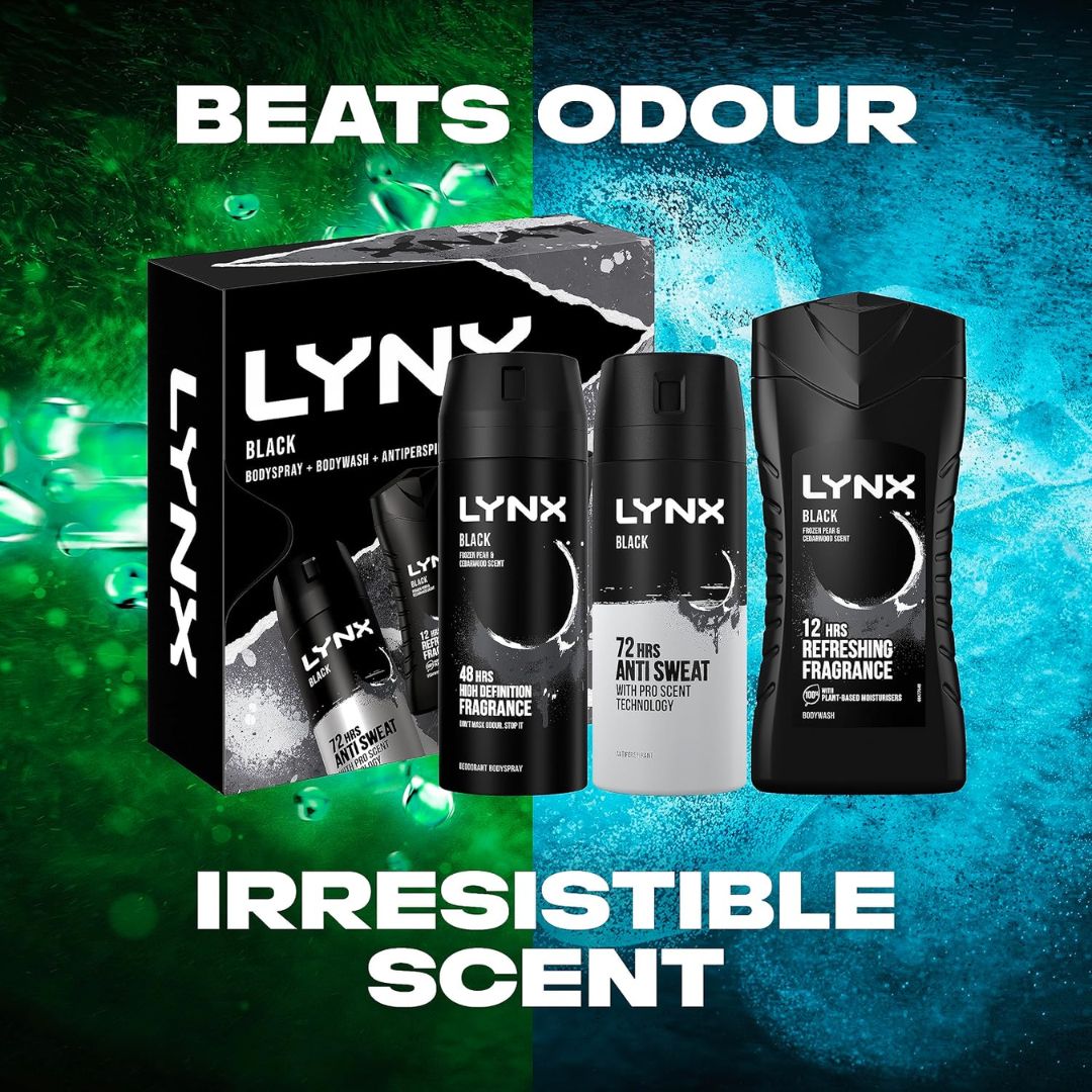 Lynx Black Trio Giftset on a blue and green background