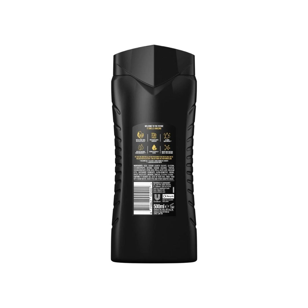 Lynx Black 3-in-1 Body Wash 500ml container (rear view) on a white background