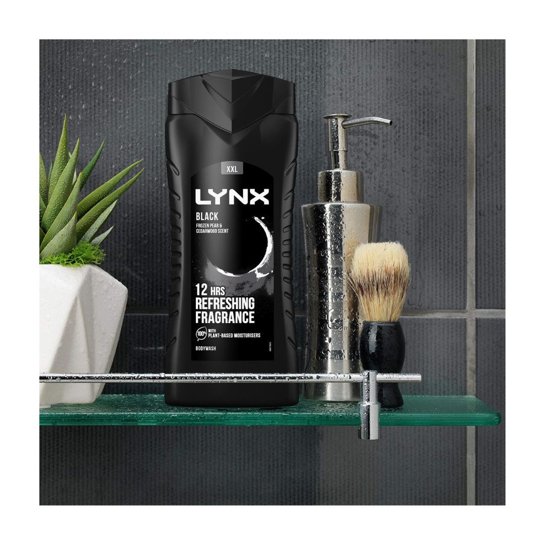 Lynx Black 3-in-1 Body Wash 500ml on a shower shelf