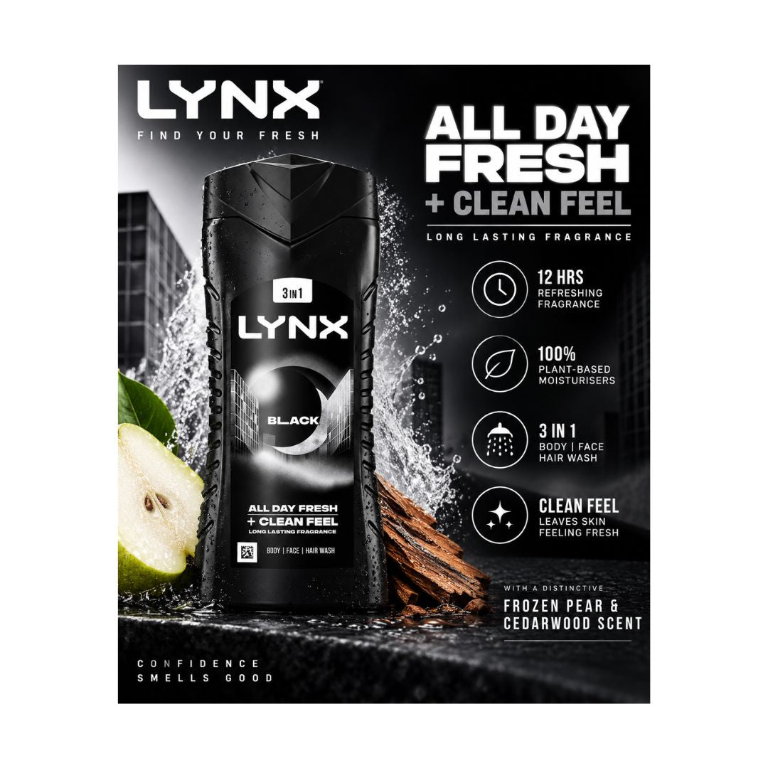 Lynx Black 3-in-1 Body Wash 500ml promotional graphic 