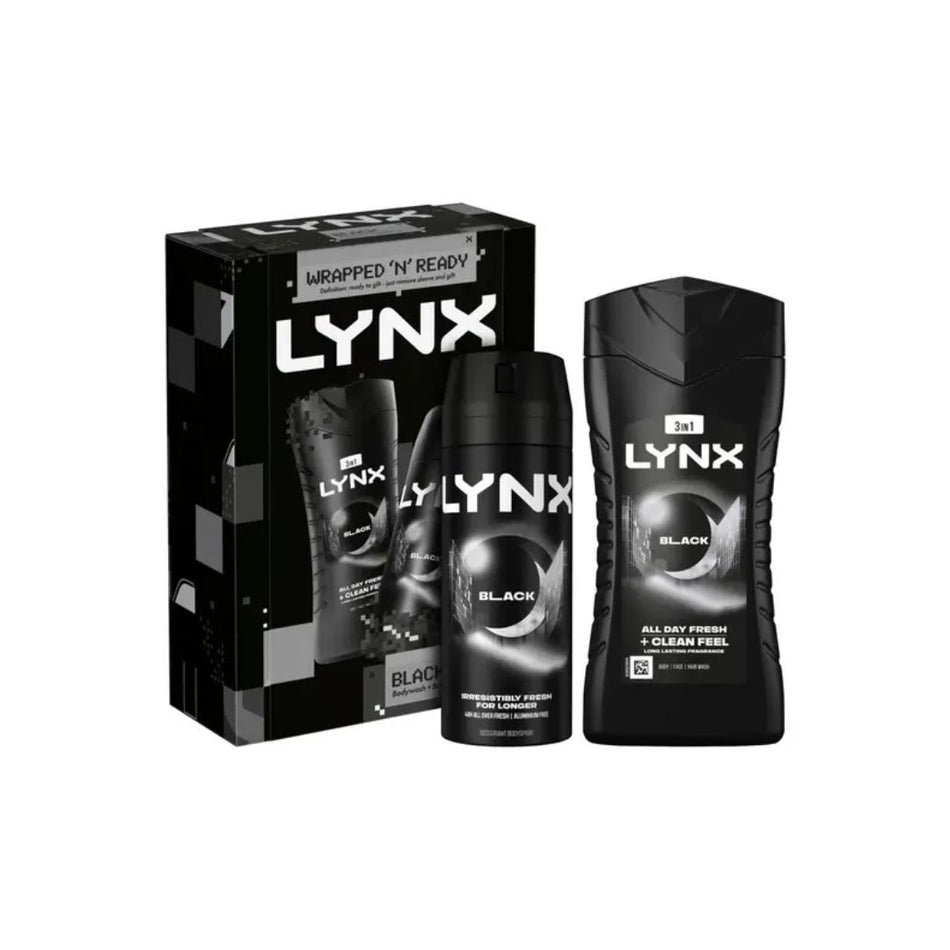 Lynx Black Wrapped N Ready Gift Set and contents on a white background