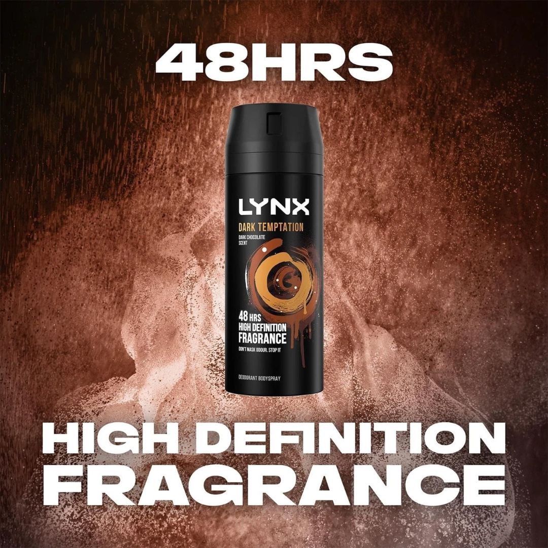 Lynx Dark Temptation Deodorant Body Spray 150ml on a brown background with the caption '48HRS HIGH DEFINITION FRAGRANCE'