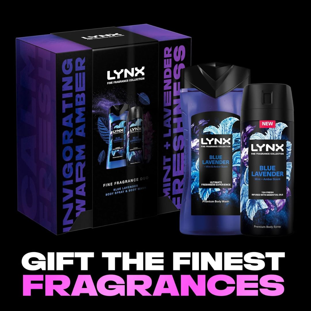 Lynx Fine Fragrance Blue Lavender Gift Set 'GIFT THE FINEST FRAGRANCES' graphic on a black background