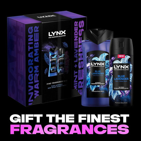 Lynx Fine Fragrance Blue Lavender Gift Set 'GIFT THE FINEST FRAGRANCES' graphic on a black background