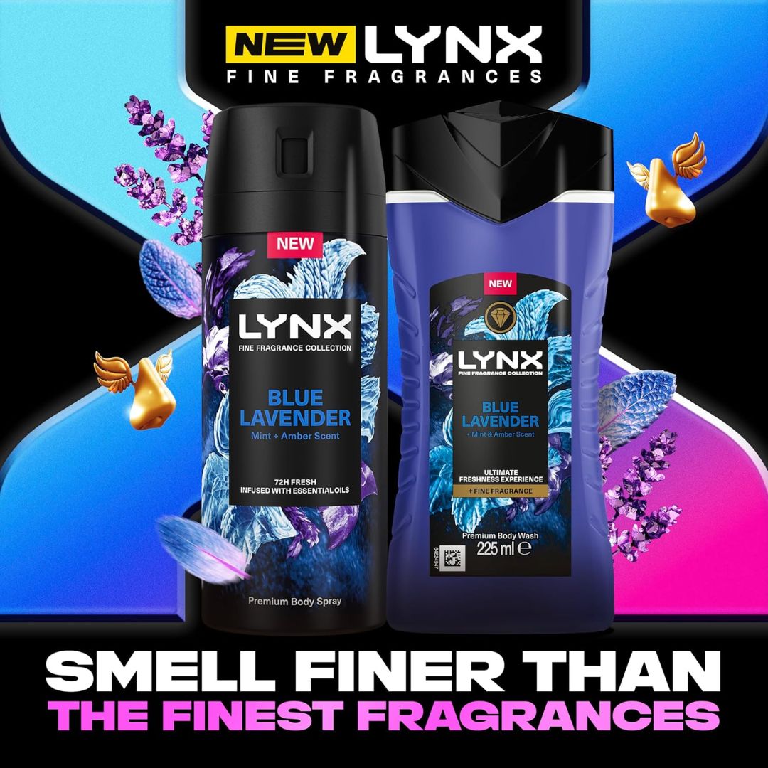 Lynx Fine Fragrance Blue Lavender Gift Set 'SMELL FINER THAN THE FINEST FRAGRANCES' graphic on a purple,blue and black background